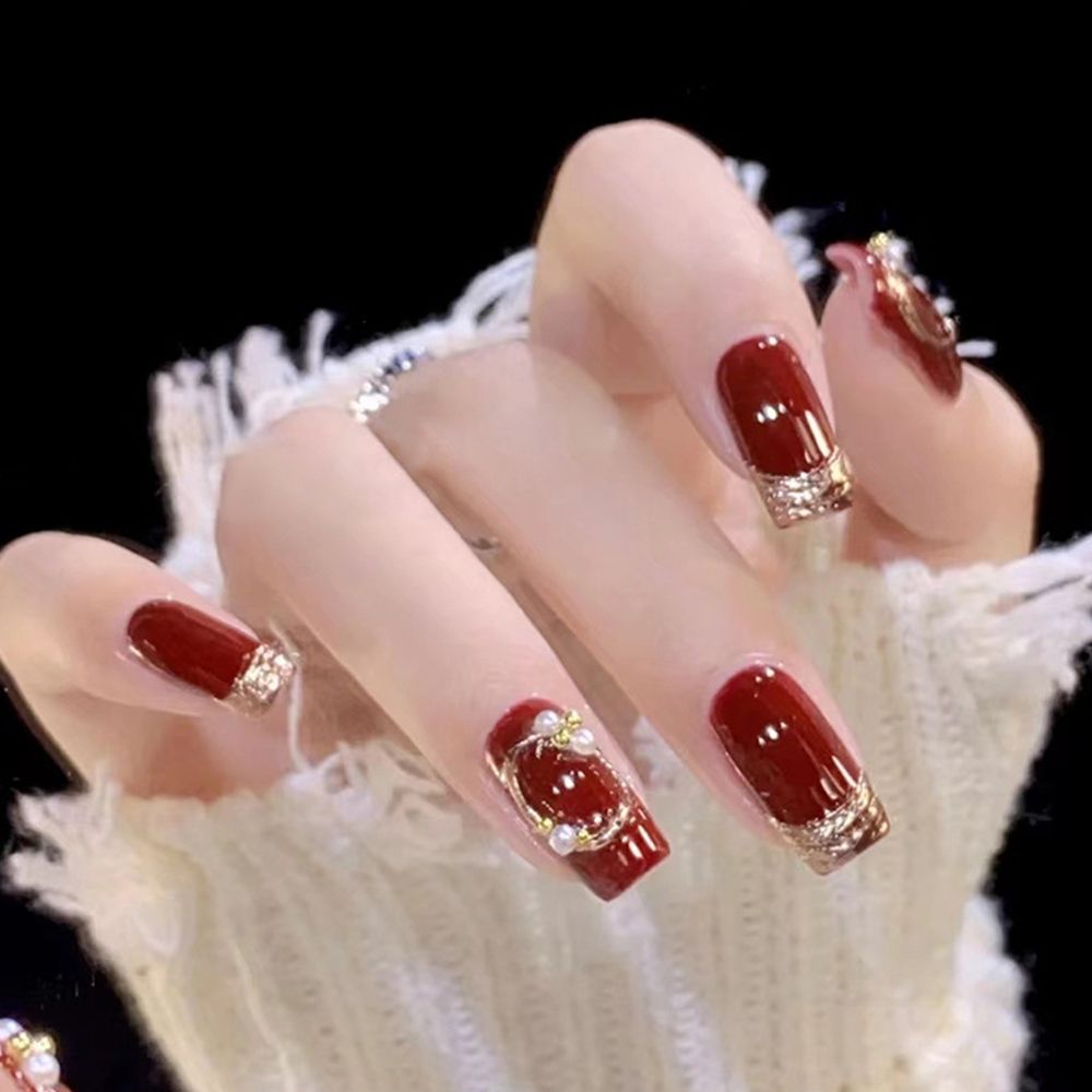 （Clearance Sale）24 pieces per box Wine red French diamond White new shiny gold powder wear nail art finished fake nail patch can be reused