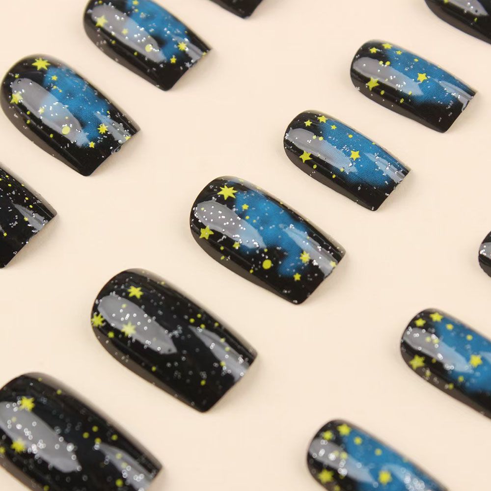 24 pieces of medium to long European style deep blue universe starry sky, medium style square nail, cross-border detachable fake nail product, wearable nail art