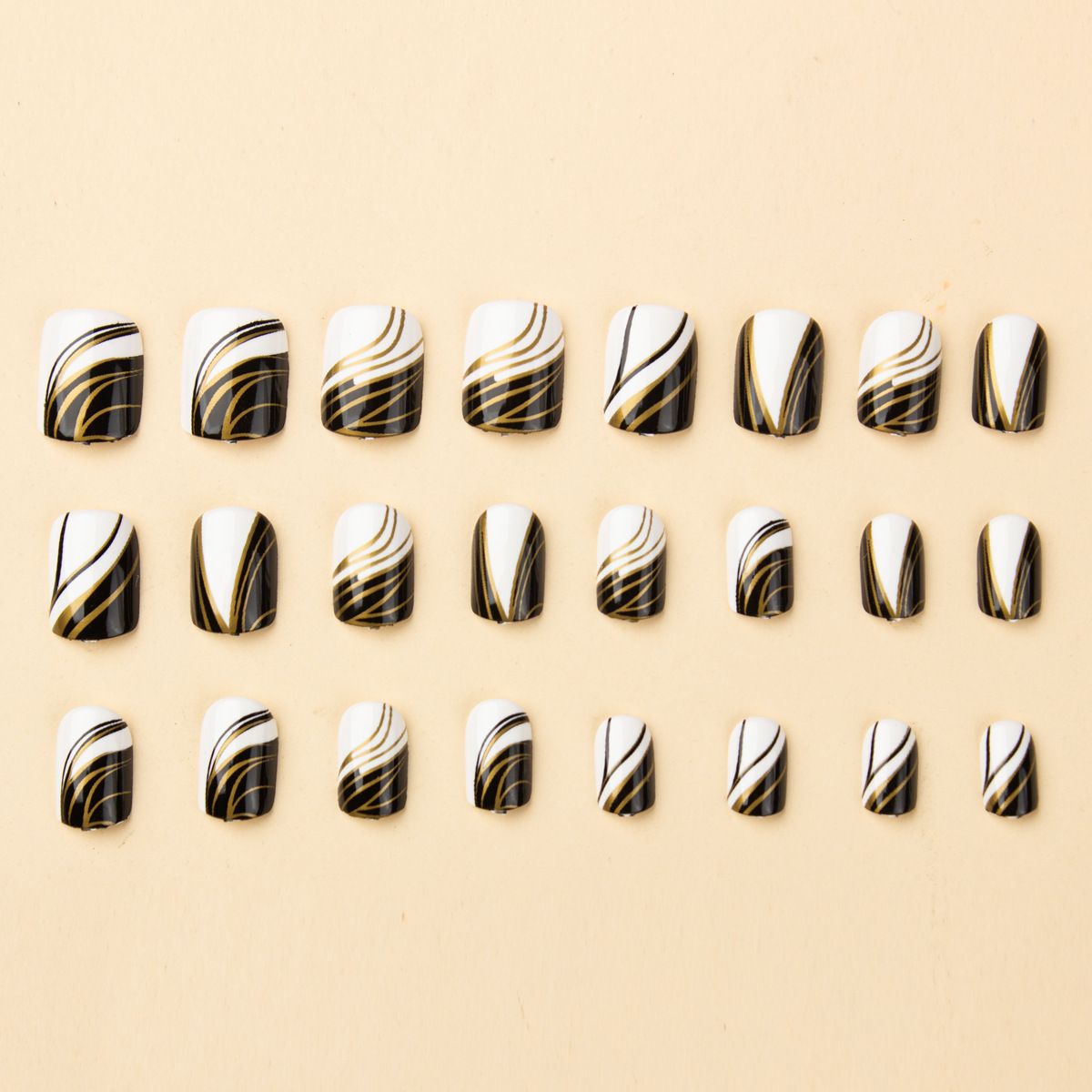 24 pieces of European and American French line patterns, black and white nail art, gold lines, high-end sense, fake nails, wearable nails, removable nail art pieces, nail art pieces, short almond nail