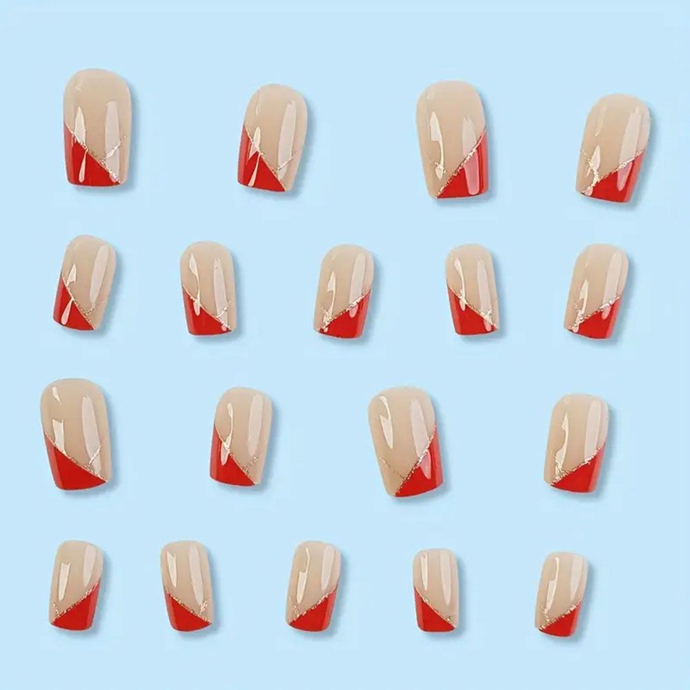 24 pieces of red geometric nail art, medium to long, European style, wearing nail polish with glitter lines, detachable fake nails
