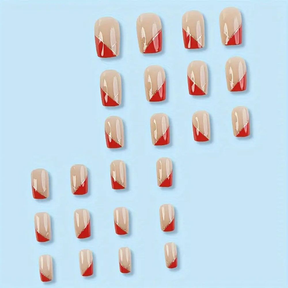 24 pieces of red geometric nail art, medium to long, European style, wearing nail polish with glitter lines, detachable fake nails