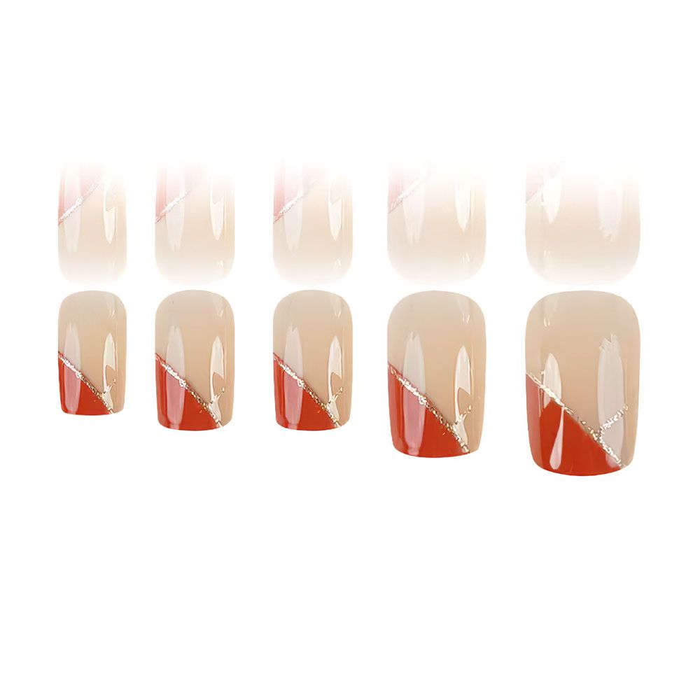 24 pieces of red geometric nail art, medium to long, European style, wearing nail polish with glitter lines, detachable fake nails