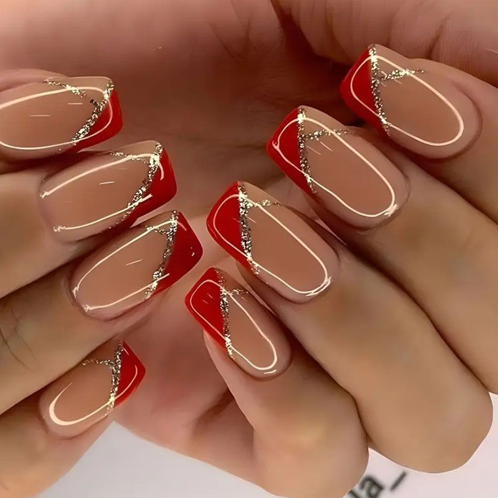 24 pieces of red geometric nail art, medium to long, European style, wearing nail polish with glitter lines, detachable fake nails