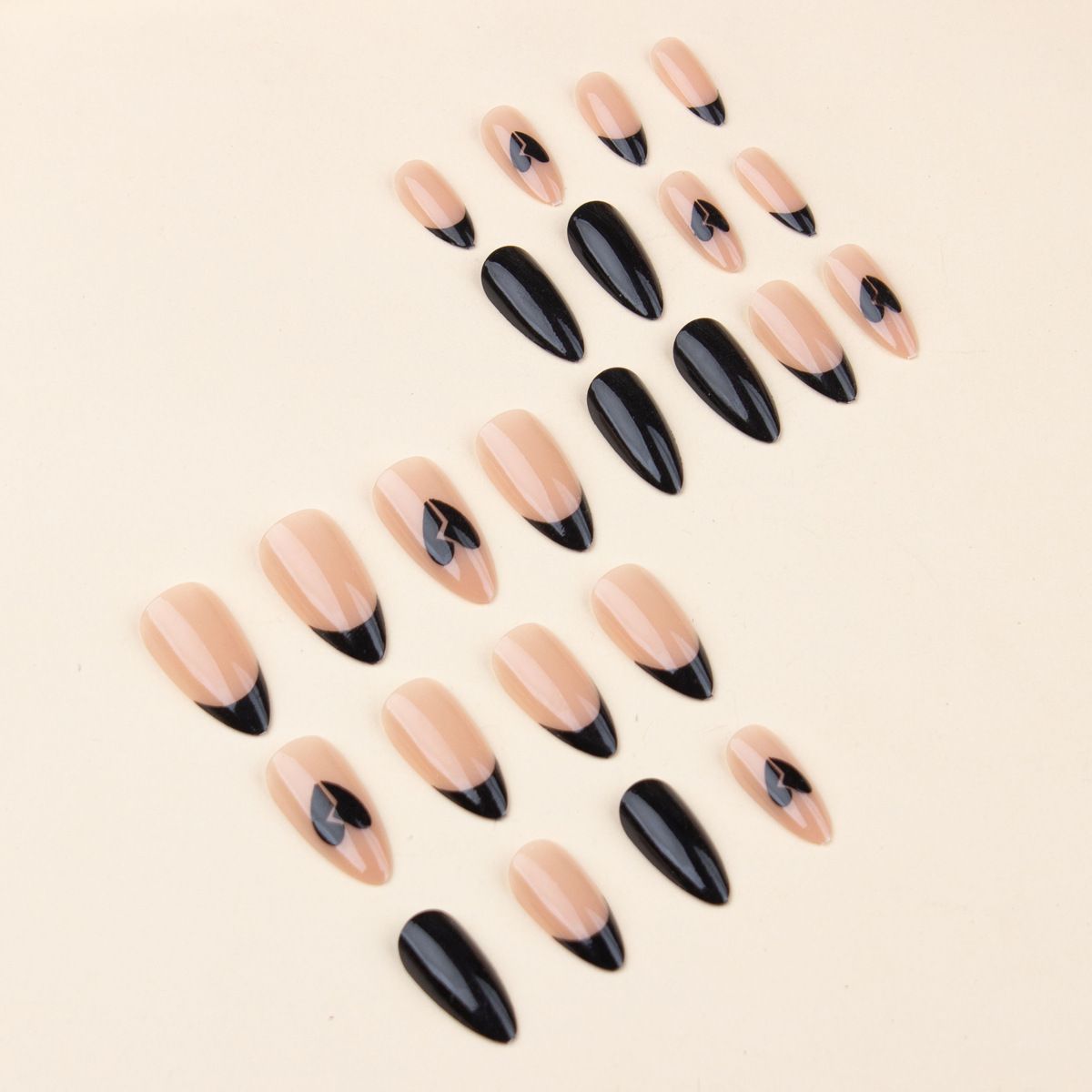 Valentine's Day nail art with French temperament, black heart-shaped French high-end peach heart nail stickers, finished nail art, 24 piece box, armored sheet