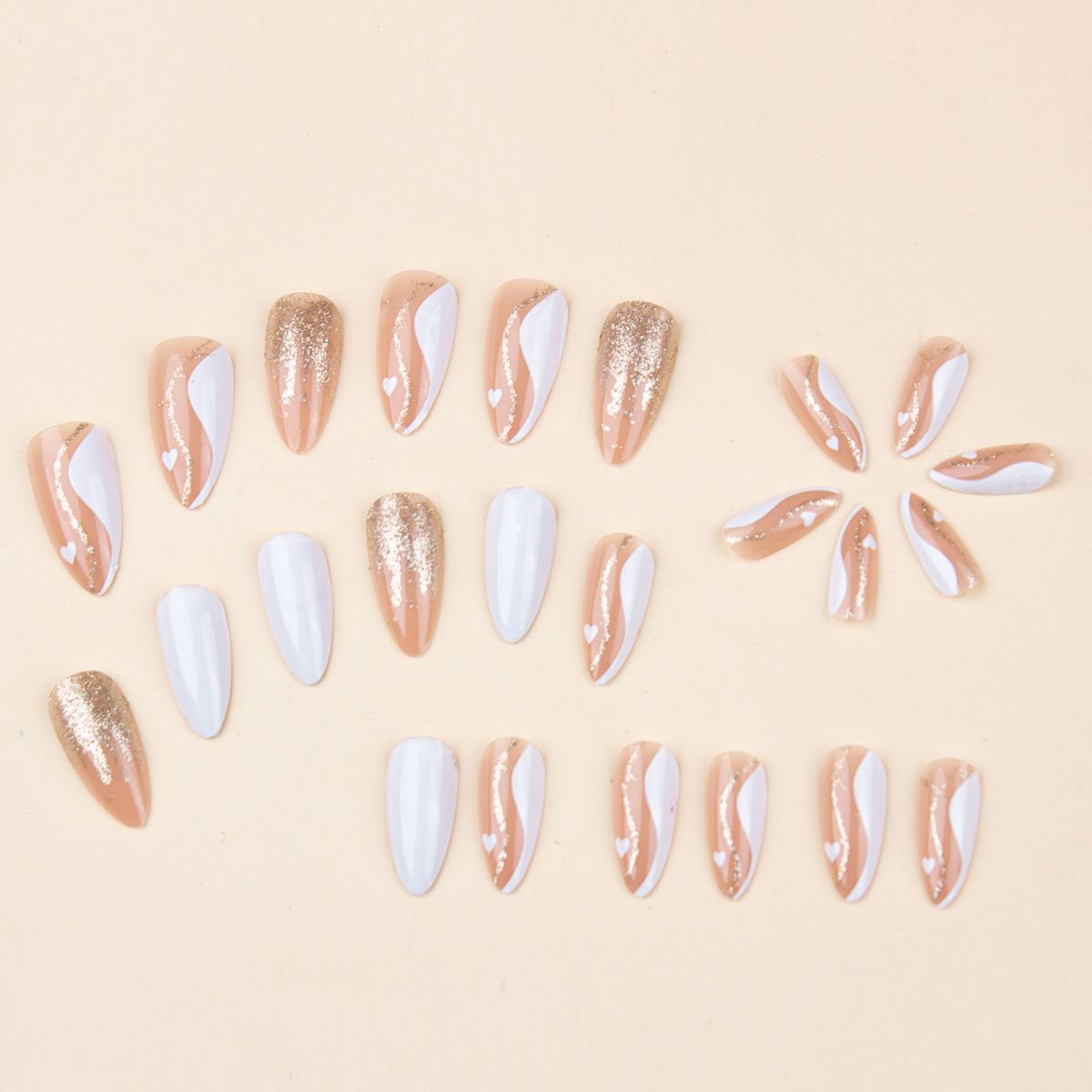 （Clearance Sale）Valentine's Day long almond shaped platinum line nail art French white border wave leopard print gold powder wearing nail art heart-shaped nail art sheet