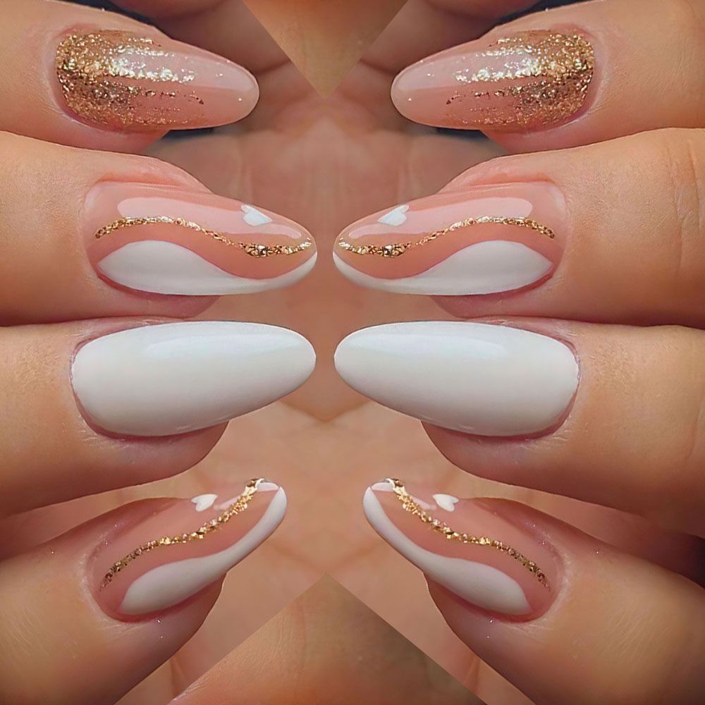 （Clearance Sale）Valentine's Day long almond shaped platinum line nail art French white border wave leopard print gold powder wearing nail art heart-shaped nail art sheet