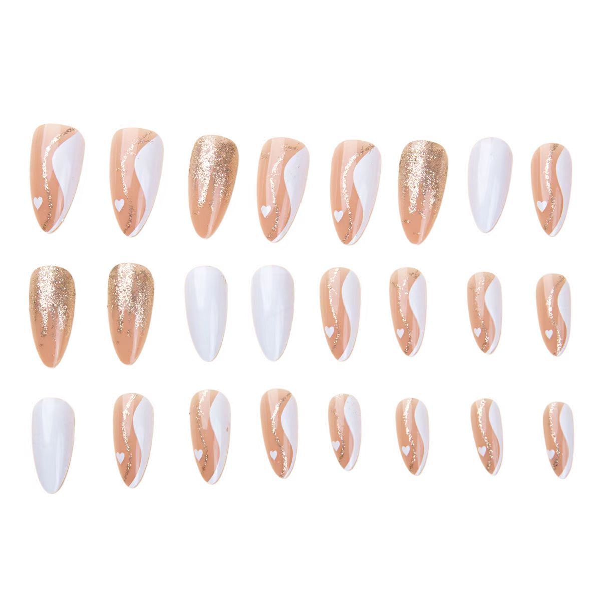 （Clearance Sale）Valentine's Day long almond shaped platinum line nail art French white border wave leopard print gold powder wearing nail art heart-shaped nail art sheet