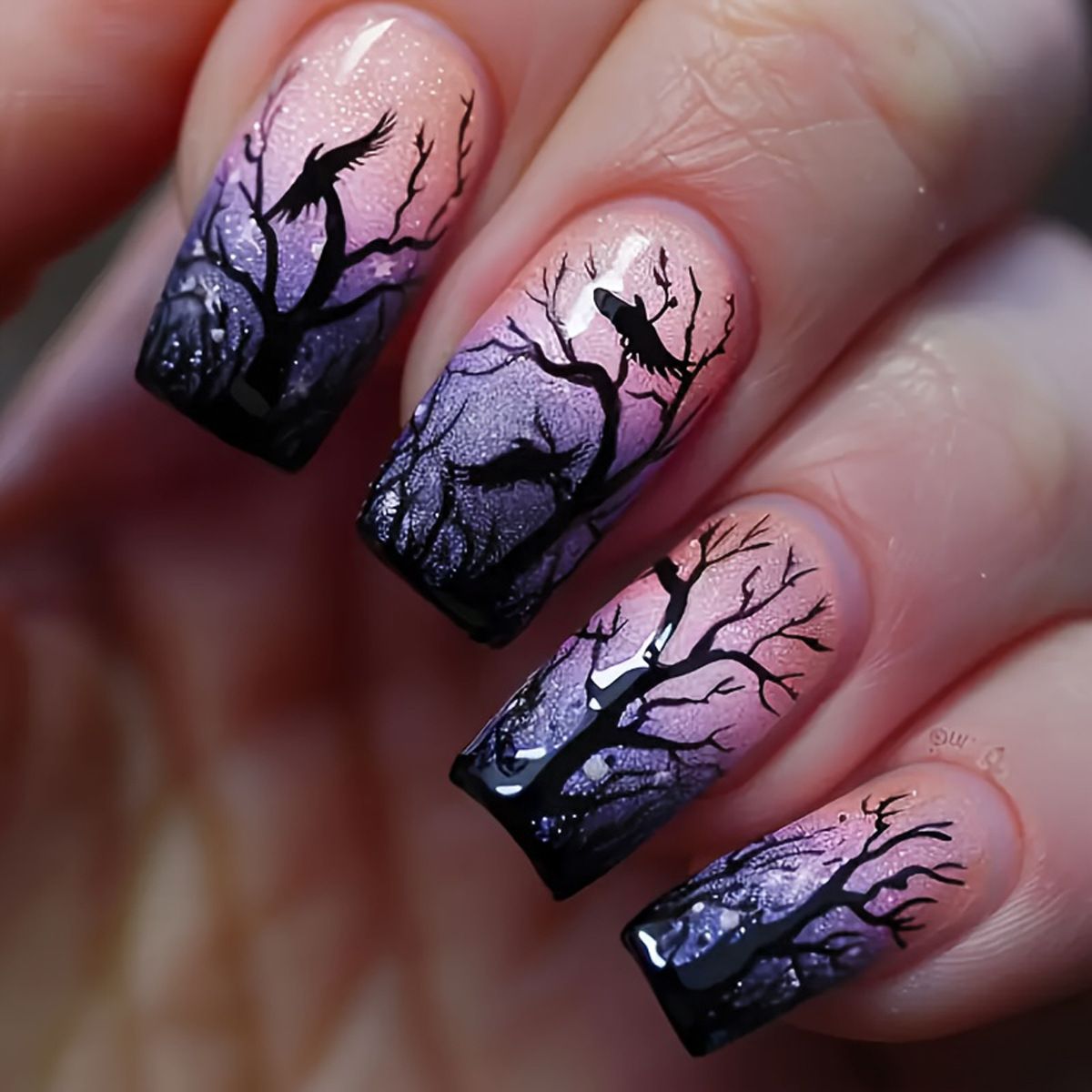Medium to long square wearing nail, black withered tree silhouette nail art, light blue gradient fake nail glitter, detachable nail patch
