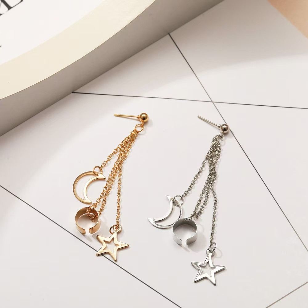 （Clearance Sale）Europe and the United States new creative personality trend metallic earrings long five-pointed star earrings bone clip has layers of fashion women