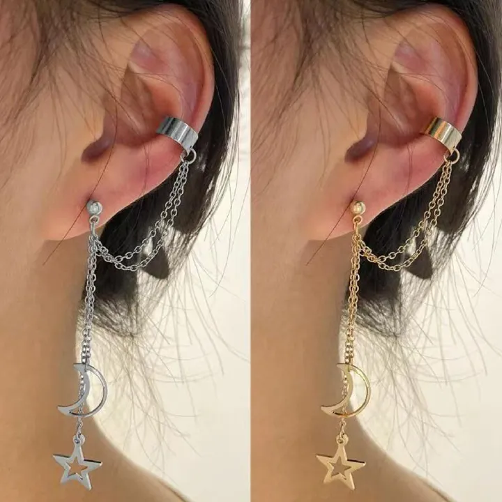 （Clearance Sale）Europe and the United States new creative personality trend metallic earrings long five-pointed star earrings bone clip has layers of fashion women