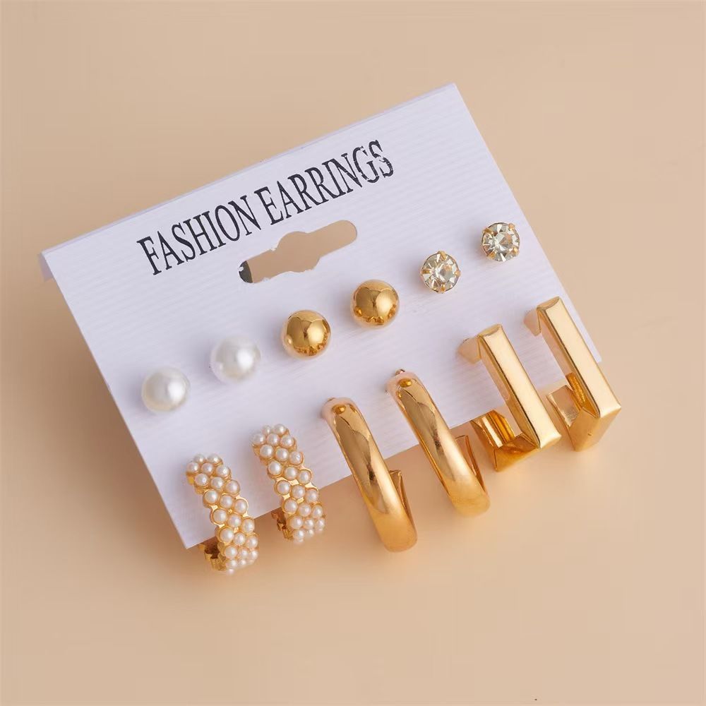 6 pairs of earring set Europe and the United States retro pearl earrings stud set 6 pairs of personalized creative metallic gold silver earrings stud geometric shape earrings for women
