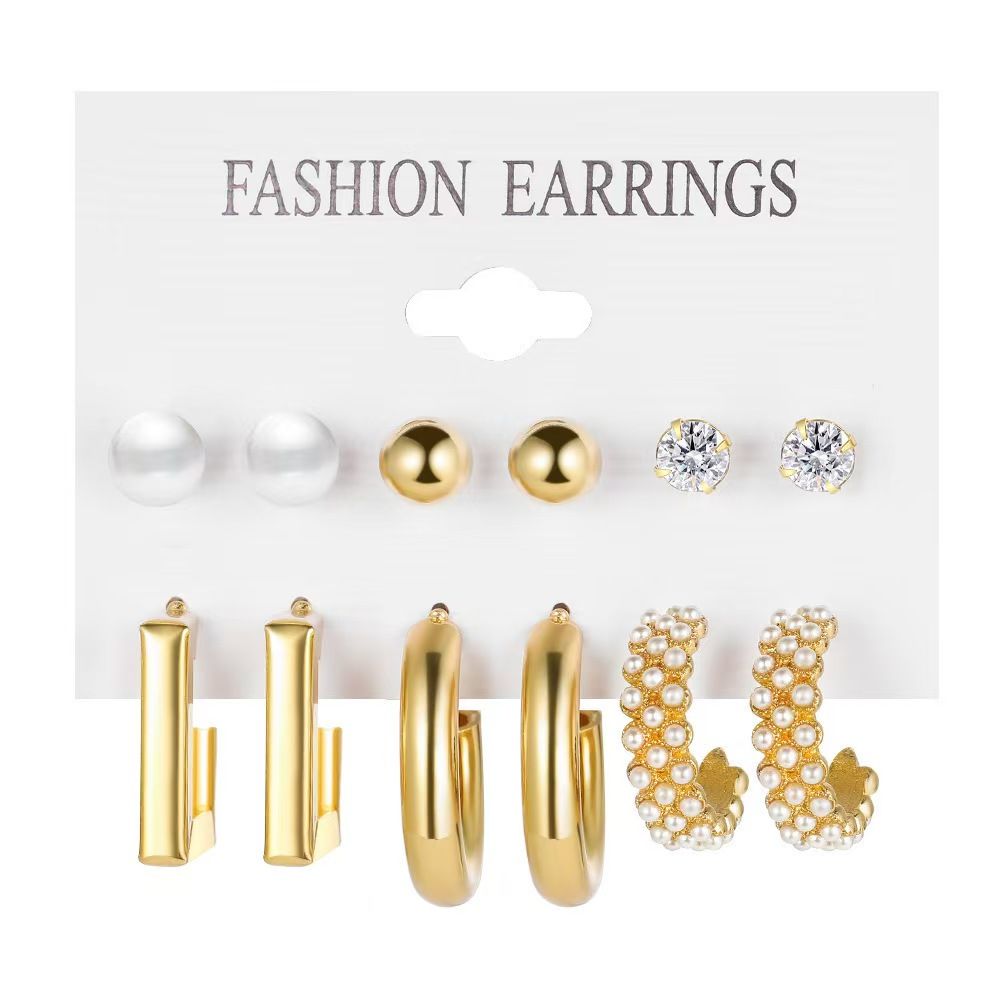 6 pairs of earring set Europe and the United States retro pearl earrings stud set 6 pairs of personalized creative metallic gold silver earrings stud geometric shape earrings for women