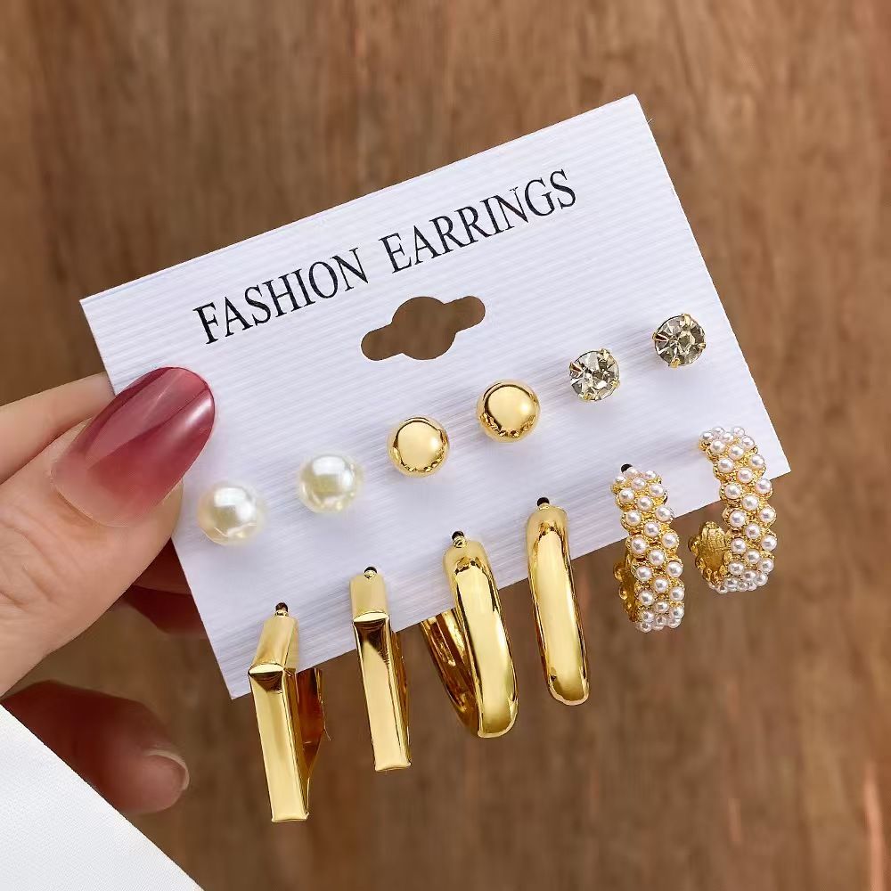 6 pairs of earring set Europe and the United States retro pearl earrings stud set 6 pairs of personalized creative metallic gold silver earrings stud geometric shape earrings for women
