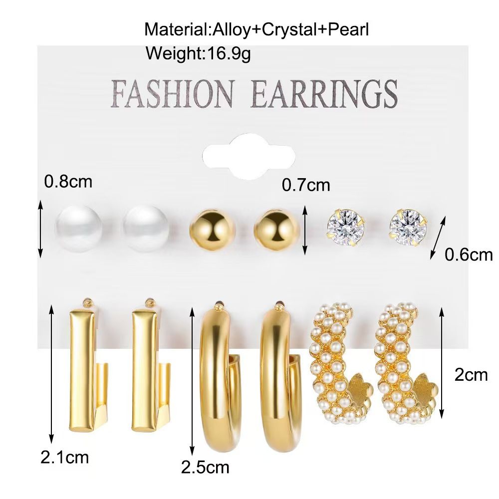 6 pairs of earring set Europe and the United States retro pearl earrings stud set 6 pairs of personalized creative metallic gold silver earrings stud geometric shape earrings for women