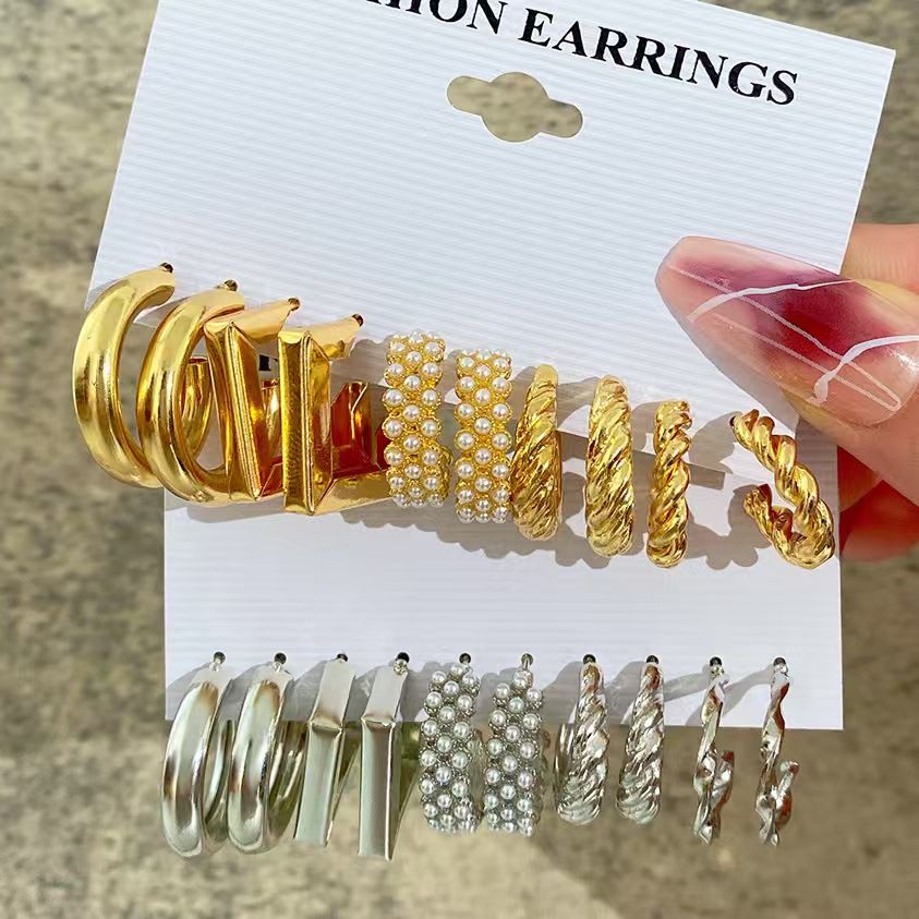 5 pairs of earring set Retro pearl earrings with diamond geometric fashion jewelry trendy personality light luxury high-grade metallic earrings female attraction