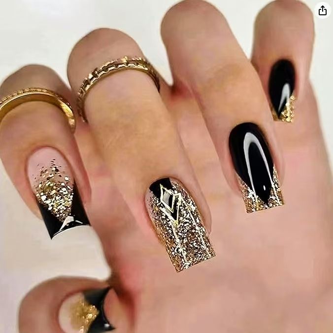 24 pieces per box European and American medium to long European square glitter powder explosion, sweet and cool French nail art, spicy girls shine, Instagram style spicy girls fake nail art pieces