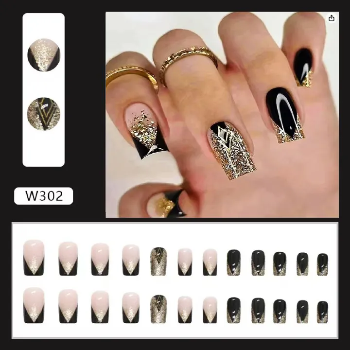 24 pieces per box European and American medium to long European square glitter powder explosion, sweet and cool French nail art, spicy girls shine, Instagram style spicy girls fake nail art pieces