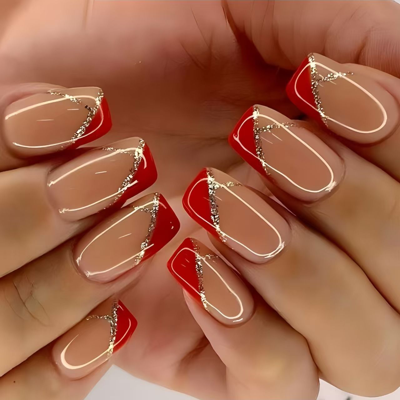 24 pieces of red geometric nail art, medium to long, European style, wearing nail polish with glitter lines, detachable fake nails