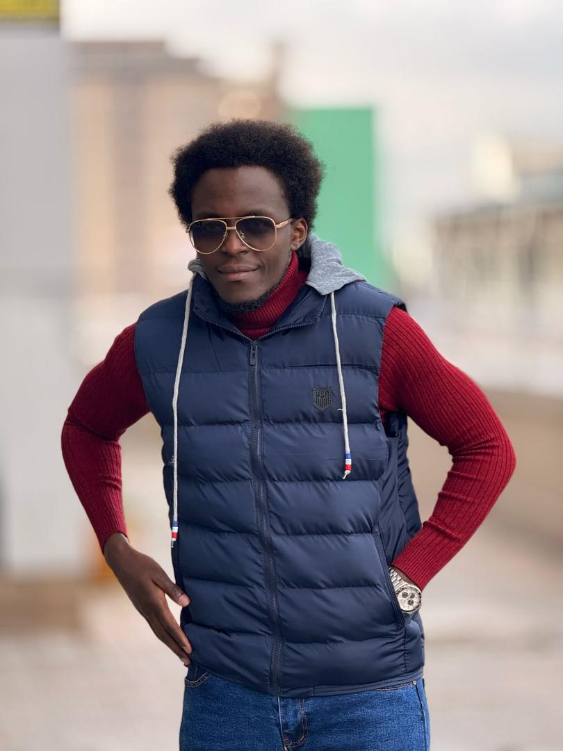 navy blue men half puff jacket