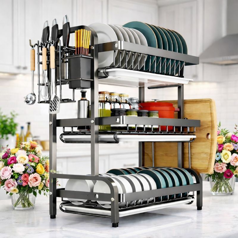 🌟 🔥 MEGA OFFER! 3-Tier Carbon Steel Dish Rack 🍽️💧 High-Quality, Rust-Resistant Kitchen Organizer | Large Capacity Drain Board Rack for Plates, Cups & Utensils – Space-Savin + FREE GIFT Included 🎁