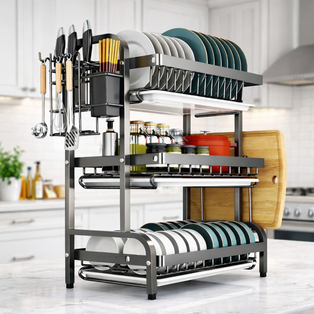 🌟 🔥 MEGA OFFER! 3-Tier Carbon Steel Dish Rack 🍽️💧 High-Quality, Rust-Resistant Kitchen Organizer | Large Capacity Drain Board Rack for Plates, Cups & Utensils – Space-Savin + FREE GIFT Included 🎁