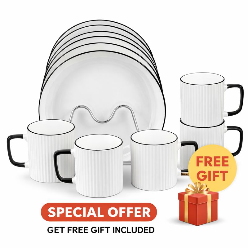 ⚡2026 HOT SALE | 24PCS Japanese Ceramic Dinner Set 🇯🇵 6☕Mugs 12🍽️Plates 8" 6🍲Bowls | Elegant White Luxury Tableware | Durable Scratch Resistant | 🎁FREE Gift Included | Limited Time Special Offer