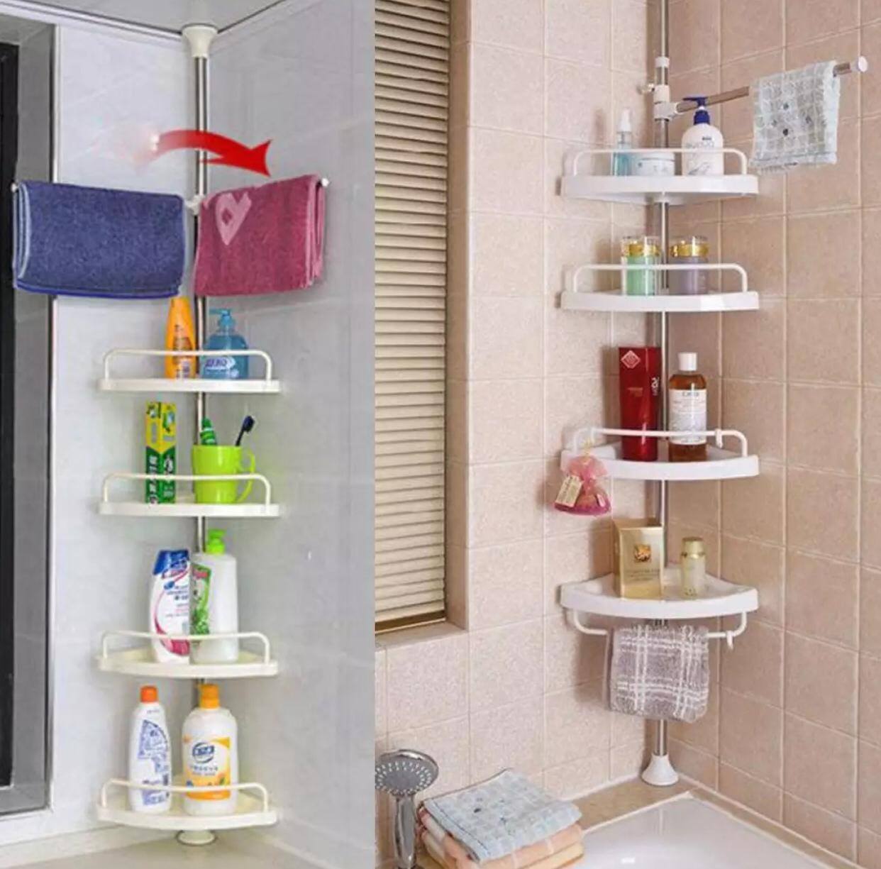 4 CORNER STAND /BATHROOM ORGANIZER, Layer Multi Corner Shelf Tension Pole-Bathroom Organizer.