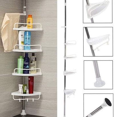 4 CORNER STAND /BATHROOM ORGANIZER, Layer Multi Corner Shelf Tension Pole-Bathroom Organizer.