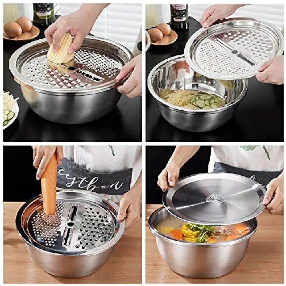 NEW ARRIVALS!! 26cm 4PCS  Set 304 colander Stainless Steel Bowl with Lid, Kitchen Cooking Salad Mixing Bowls Set Washing Drain Basket Soup Basin Strainer.