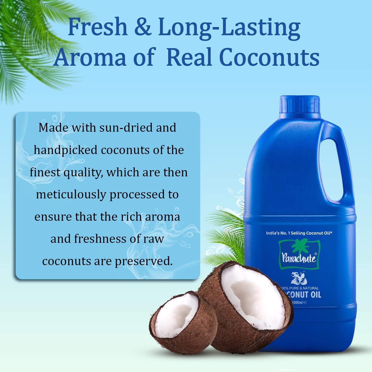 Parachute 100% Pure and Natural Coconut Hair Oil enriched with nutrients that prevent hair fall, strengthen hair strands from roots to tips, and boost hair growth with a FREE WIDE-TOOTHED COMB-1.0 L.