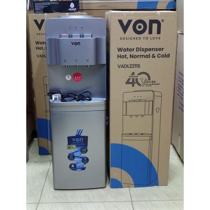 VON Water Dispenser 3 Tap Hot & Cold & Normal Electric Cooling With Cabinet Push Button Child Lock Safety- SILVER