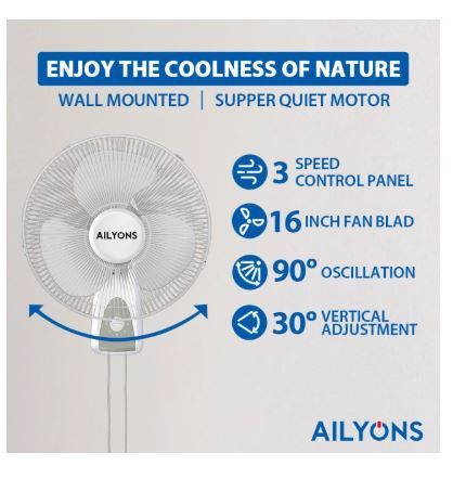 Ailyons FW-1631 - WALL FAN, Durable quality motor  , 3 speed control panel , Super quiet motor