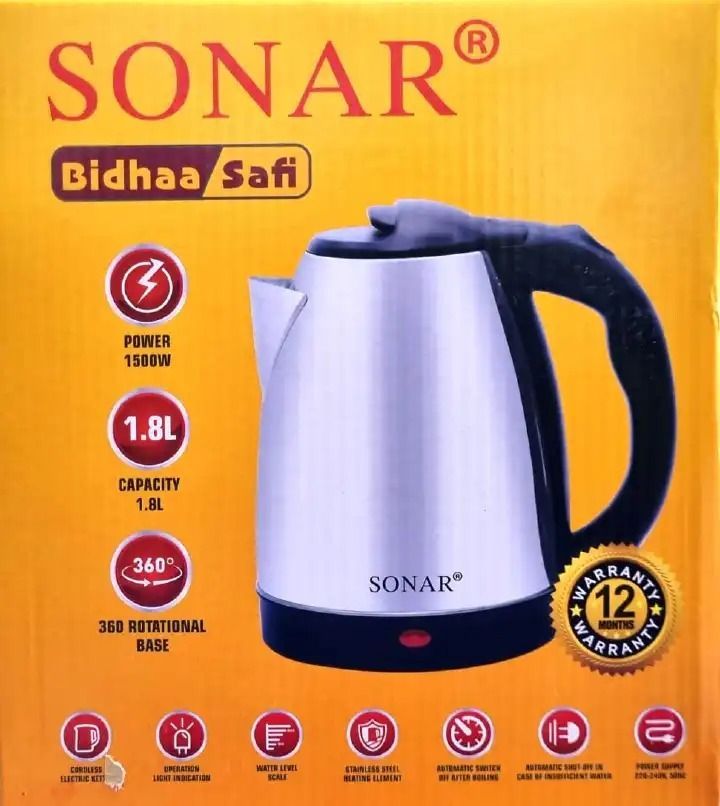 Sonar Stainless Steel 1.8Ltr Electric Kettle,1.5m Power Cord,1500W Fast Boil