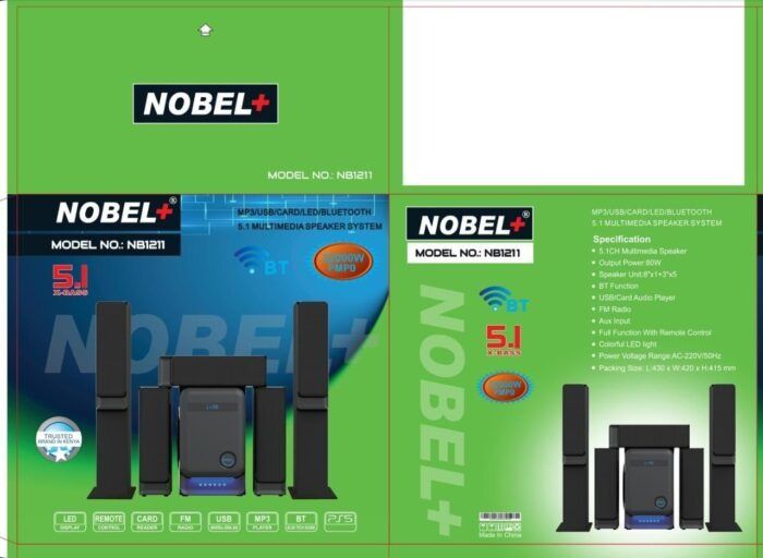 Nobel Plus 5.1 Subwoofer NB-1211 Home Theater Bluetooth Speaker System 22000W PMPO supports Bluetooth connection USB Auxiliary and with digital FM and digital display and remote control