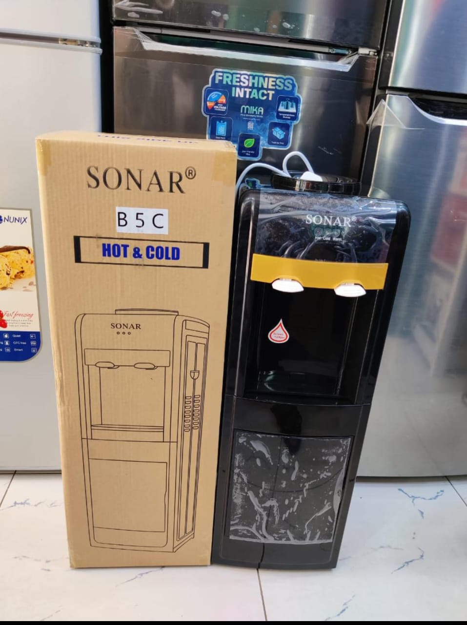 Sonar B5C Water Dispenser – Hot & Cold, Optimized power consumption for continuous performance.Modern black design fits perfectly in homes, offices, and shops.