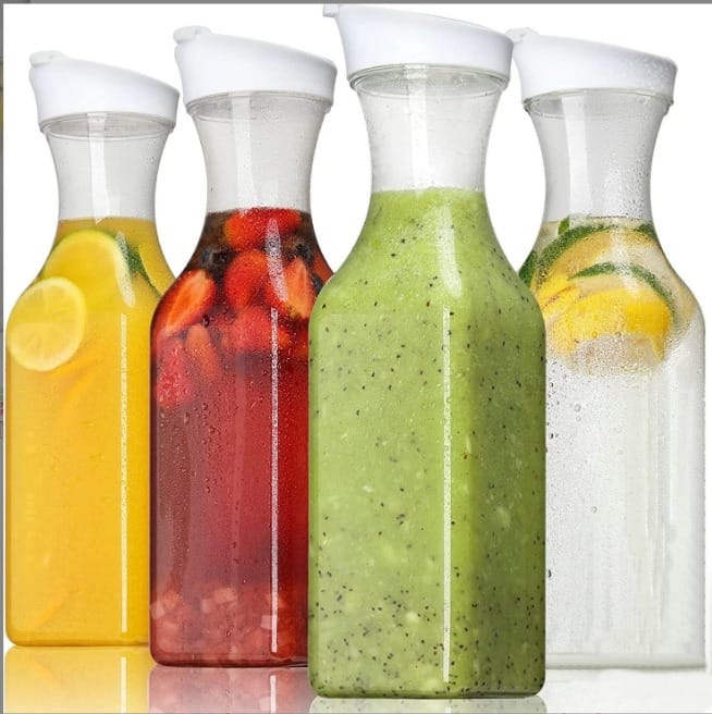 Juice Carafe 1.5 liters with Lids. Airtight Drink Pitcher for Fridge Storage Easy Pour Milk Container Beverage Bottles for Bar Freezer, transparent, safe, BPA-free, sturdy and durable.