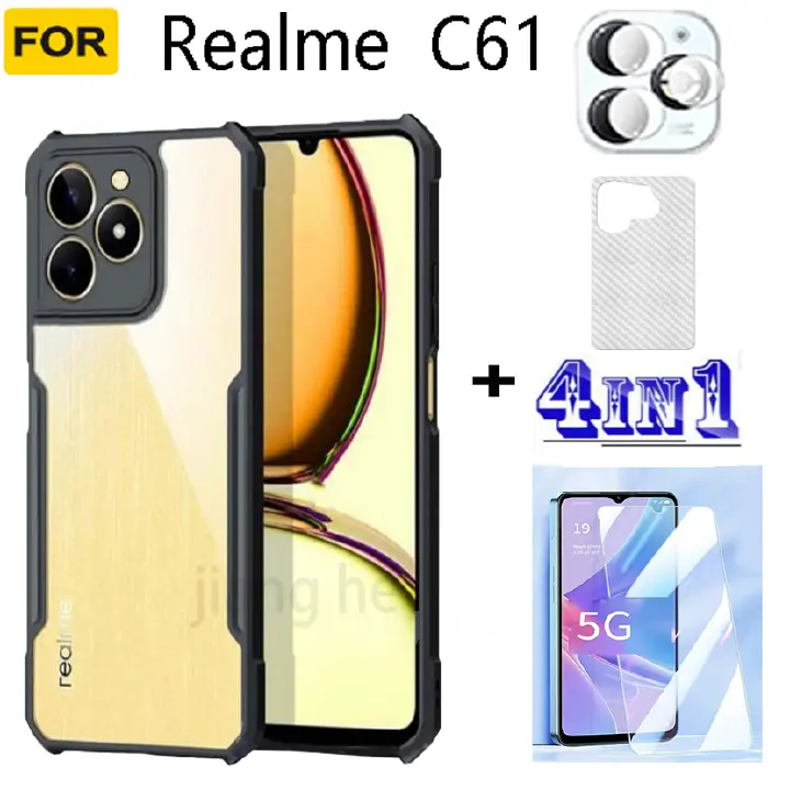 4in1 For  Realme  C61 anti-fall mobile phone case + tempered glass film + lens film+Back Film Cellphone