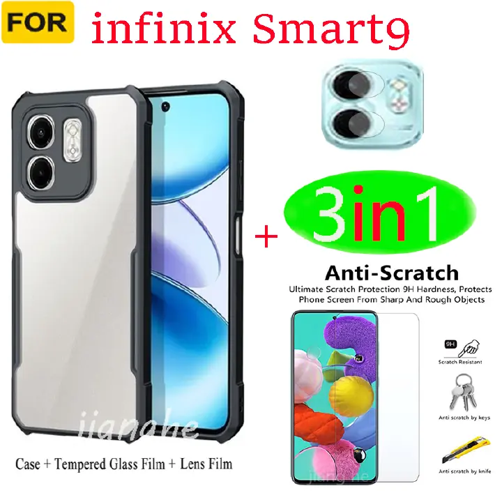 3 in 1 For  infinix Smart 9 Shockproof Phone Case  + Full coverage tempered glass film + lens film
