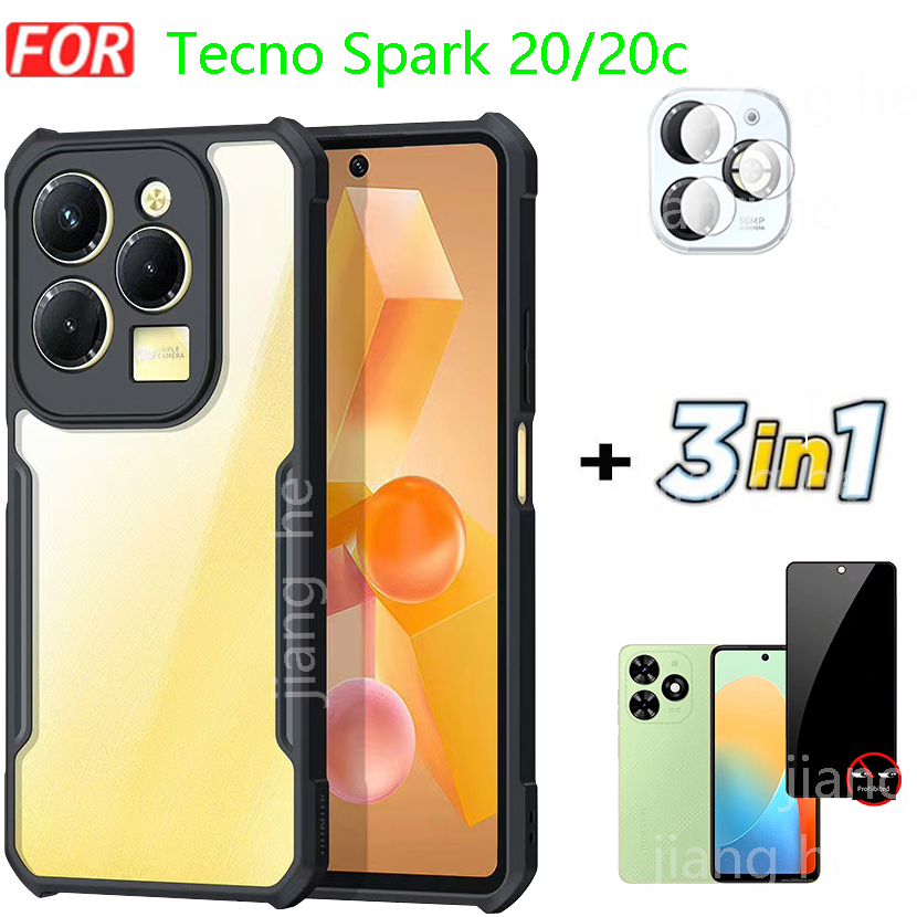3 in 1 For Tecno Spark 20/20c Shockproof Phone Case +Anti Spy  Matte Privacy Tempered Glass+Camera Lens Film Screen Protector