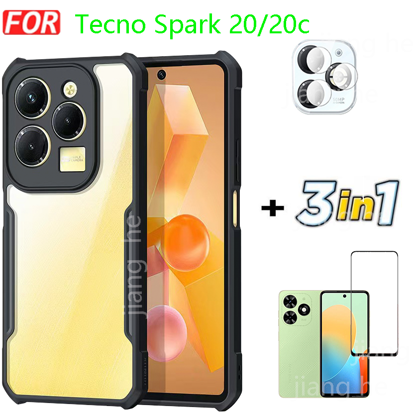3 in1  Shockproof Phone Case For Tecno Spark 20/20c Full screen covered with tempered glass film+ lens film