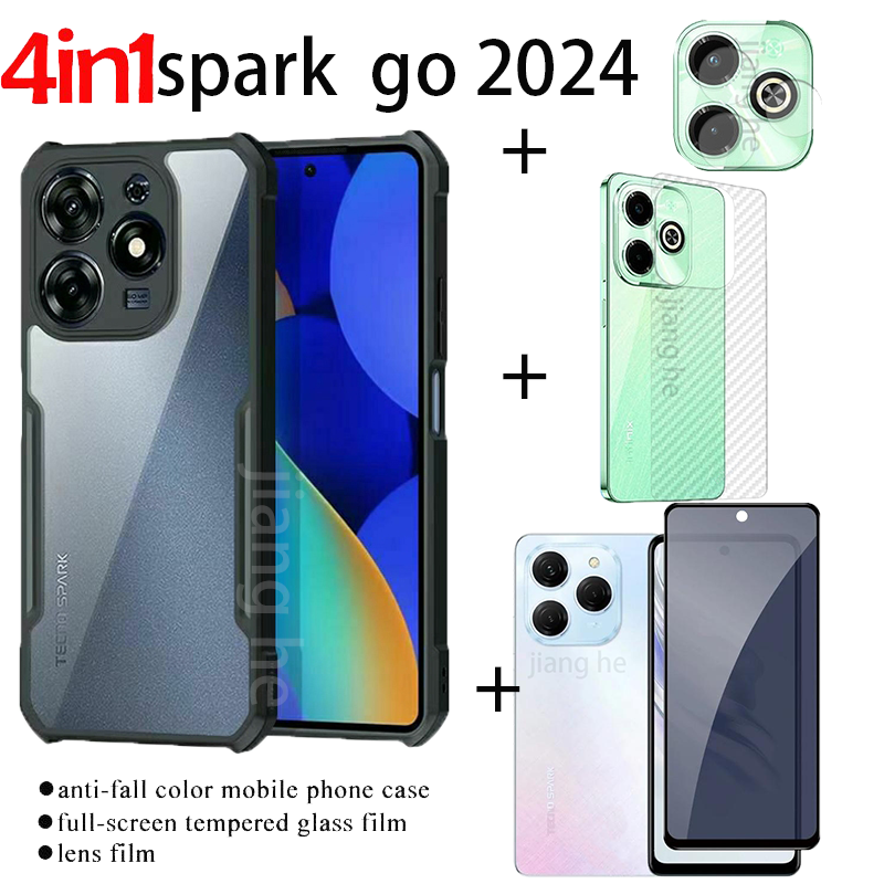 4 in1 For Tecno Spark Go 2024 Spark GO1 Spark20/ 20C Mobile phone shock-proof transparent case + tempered glass spy proof full cover protective film + back film + lens film