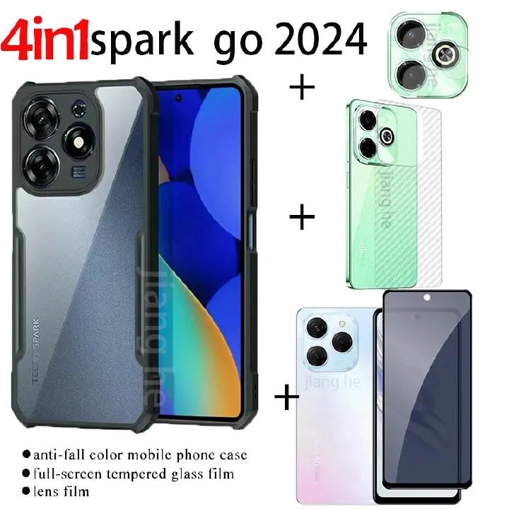 4 in1 For Tecno Spark Go 2024 Spark GO1 Spark20/ 20C Mobile phone shock-proof transparent case + tempered glass spy proof full cover protective film + back film + lens film