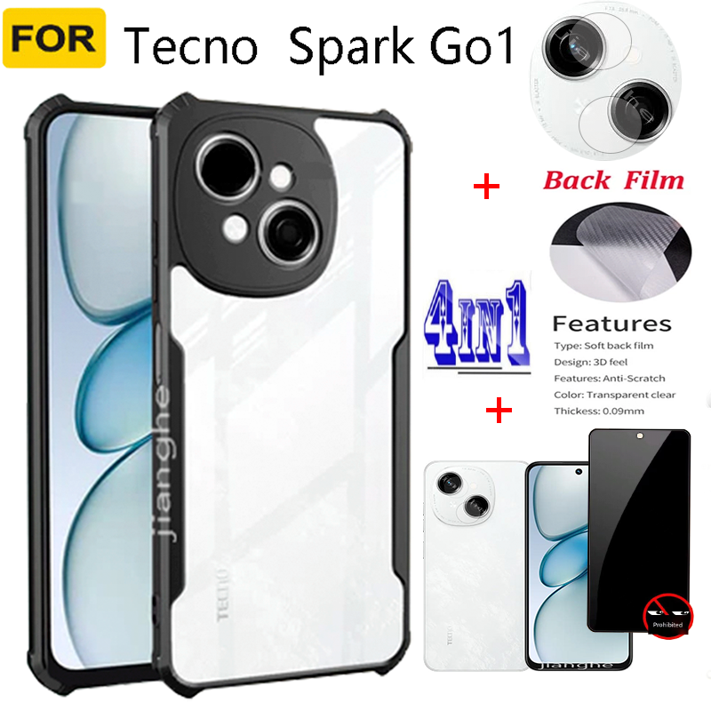 4 in1 For Tecno Spark Go 2024 Spark GO1 Spark20/ 20C Mobile phone shock-proof transparent case + tempered glass spy proof full cover protective film + back film + lens film
