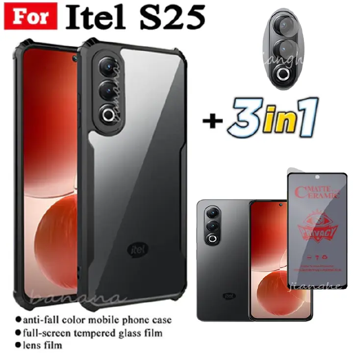 For itel s25 3-in-1 accessories: shock-proof transparent case for mobile phone + anti-spy matte ceramic film + camera lens