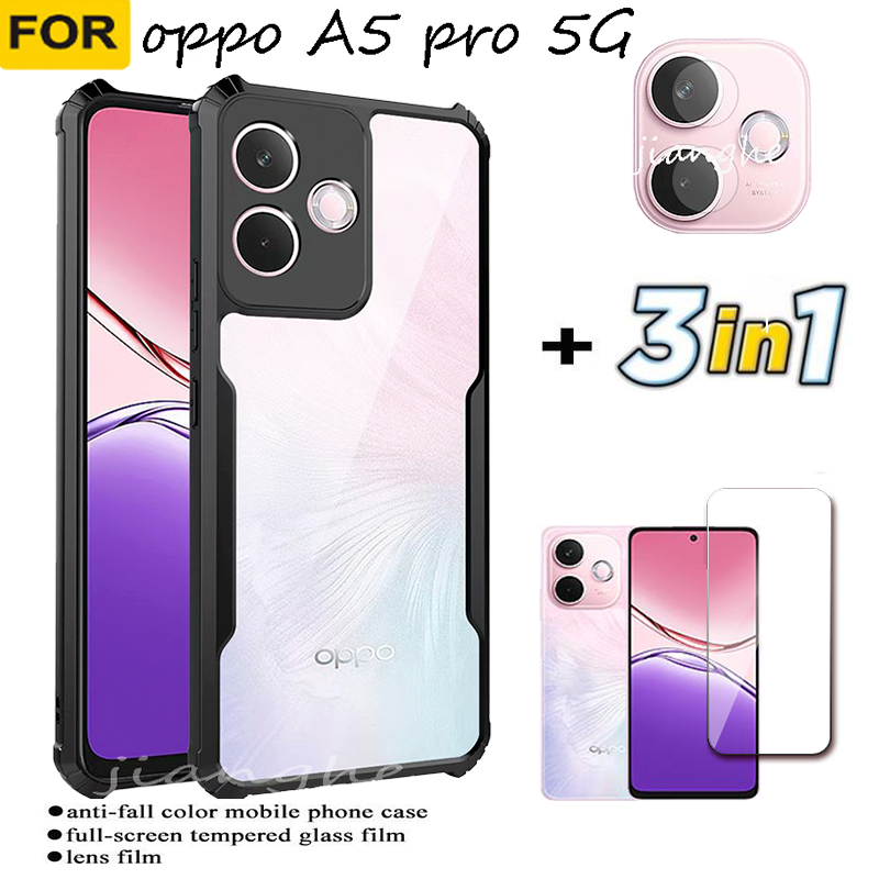 3-in-1 For oppo A5 pro 5G 4G  mobile phone shockproof transparent case + full-coverage curved screen high-definition tempered glass film + camera lens film