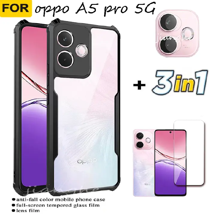 3-in-1 For oppo A5 pro 5G 4G  mobile phone shockproof transparent case + full-coverage curved screen high-definition tempered glass film + camera lens film