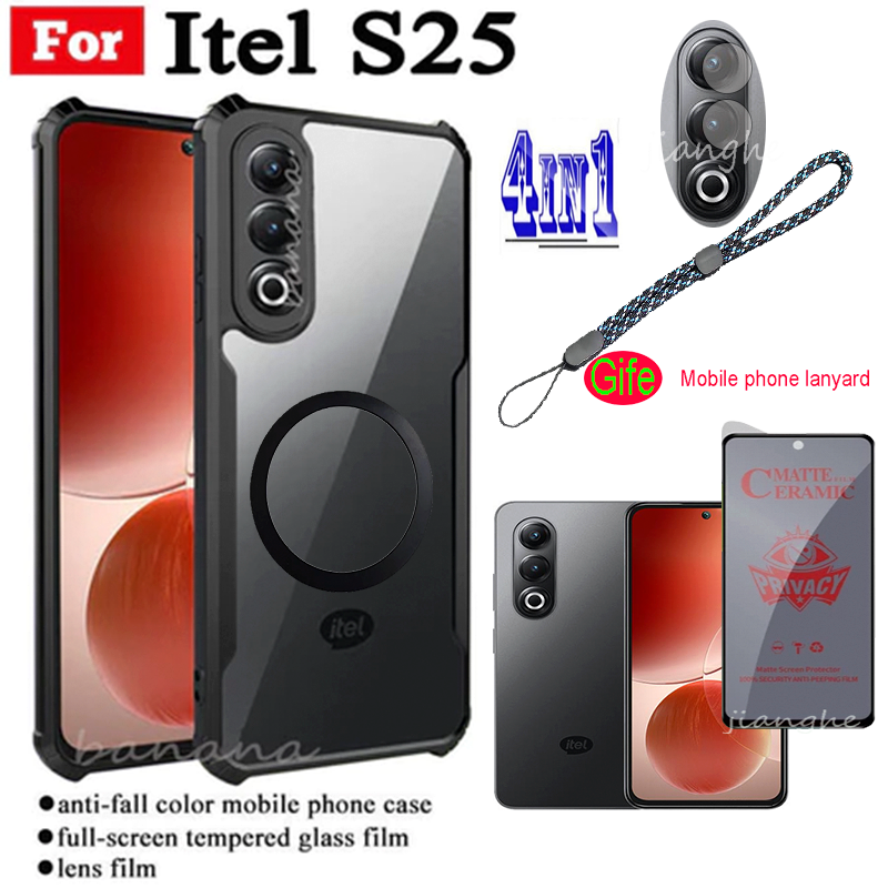 4 IN1For Itel S25  Shockproof Phone Case +With Magnetic Wireless Charging Sticker +  Anti Spy Soft Ceramic Matte Privacy Tempered Glass + Camera Lens Glass Screen Protector