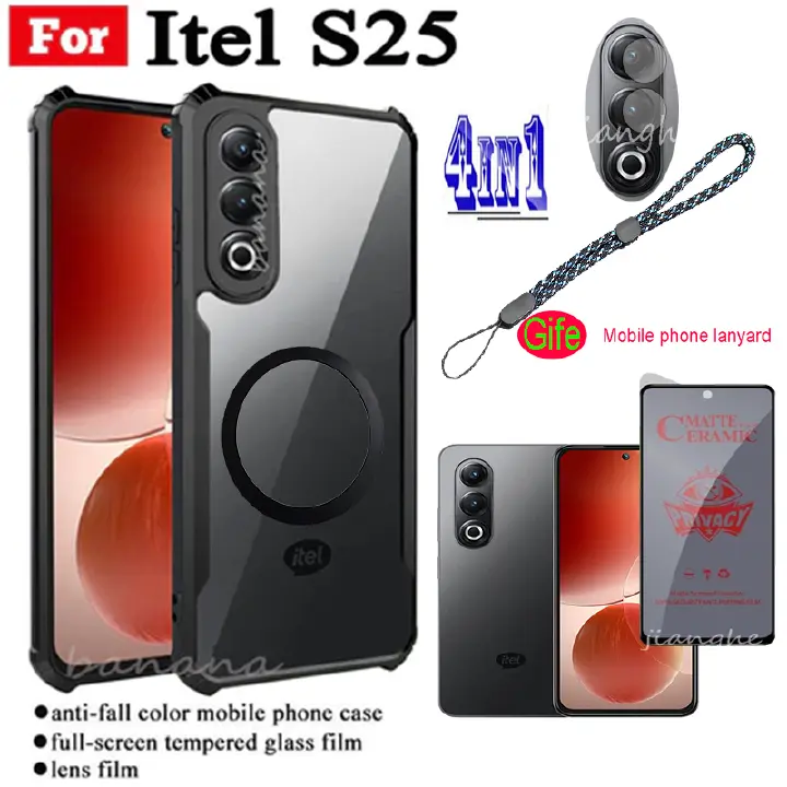 4 IN1For Itel S25  Shockproof Phone Case +With Magnetic Wireless Charging Sticker +  Anti Spy Soft Ceramic Matte Privacy Tempered Glass + Camera Lens Glass Screen Protector