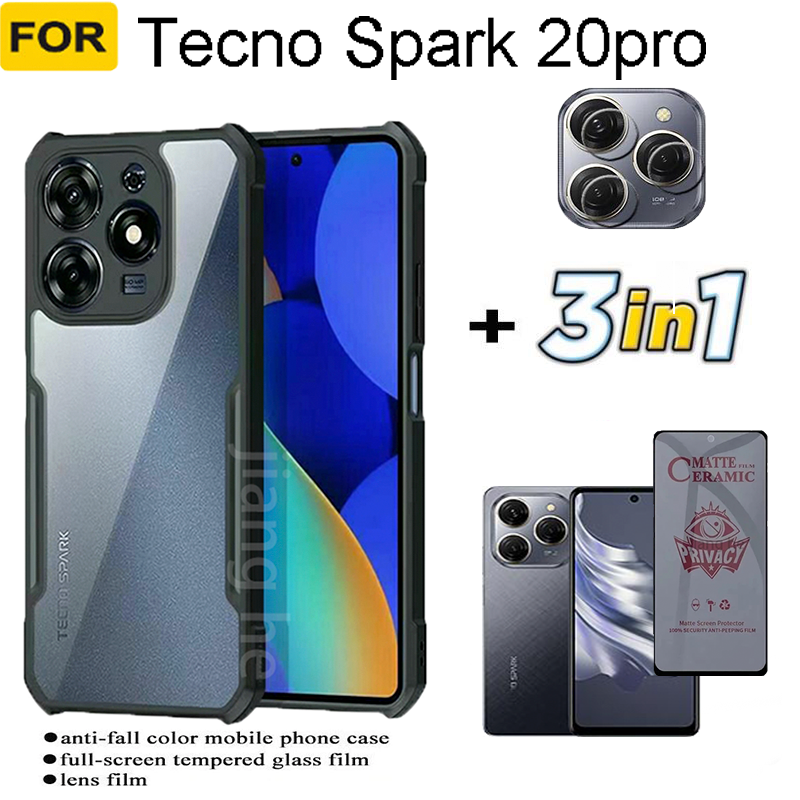 3 in1 For Tecno Spark 20pro Shockproof Phone Case +Anti Spy Soft Ceramic Matte Privacy Tempered Glass+Camera Lens Film