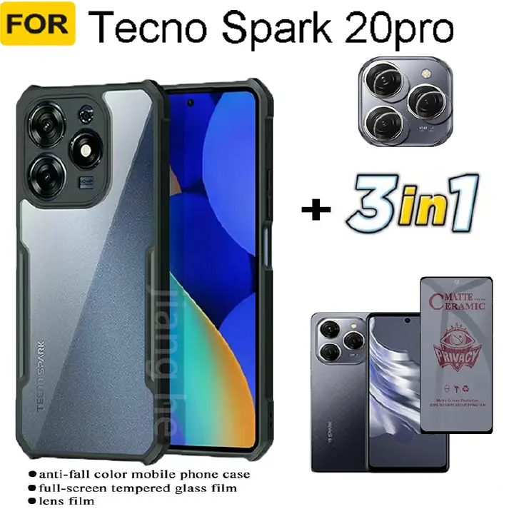 3 in1 For Tecno Spark 20pro Shockproof Phone Case +Anti Spy Soft Ceramic Matte Privacy Tempered Glass+Camera Lens Film